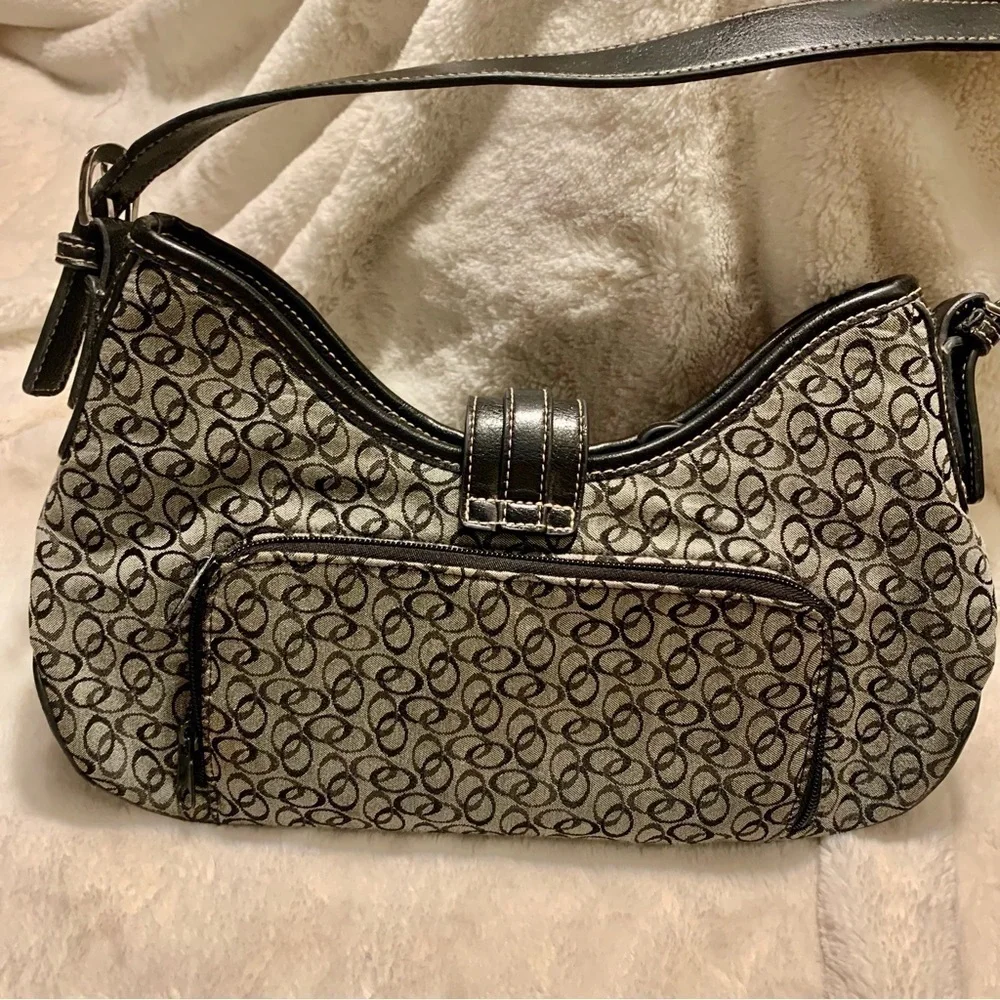 Shoulder Bag Like New Grey Canvas Black Vegan Leather Trim Circular Silver - Picture 6 of 16
